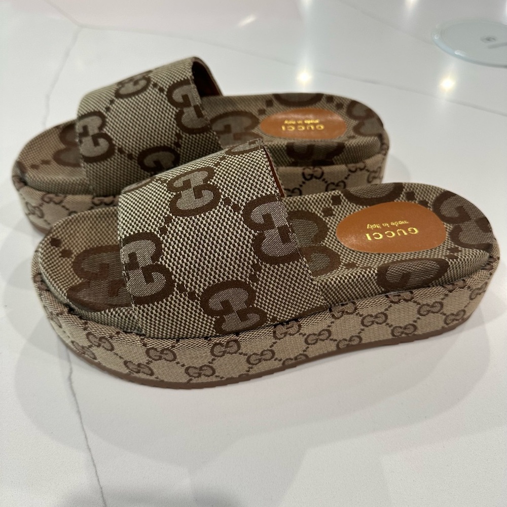 Gucci Beige Brown GG Canvas Slide Sandals - Picture 2 of 5